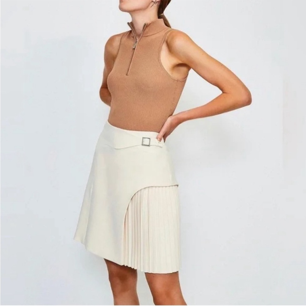 Karen Millen Tailored Buckle Detail Pleated Beige Mini Skirt Size US 4 UK 8